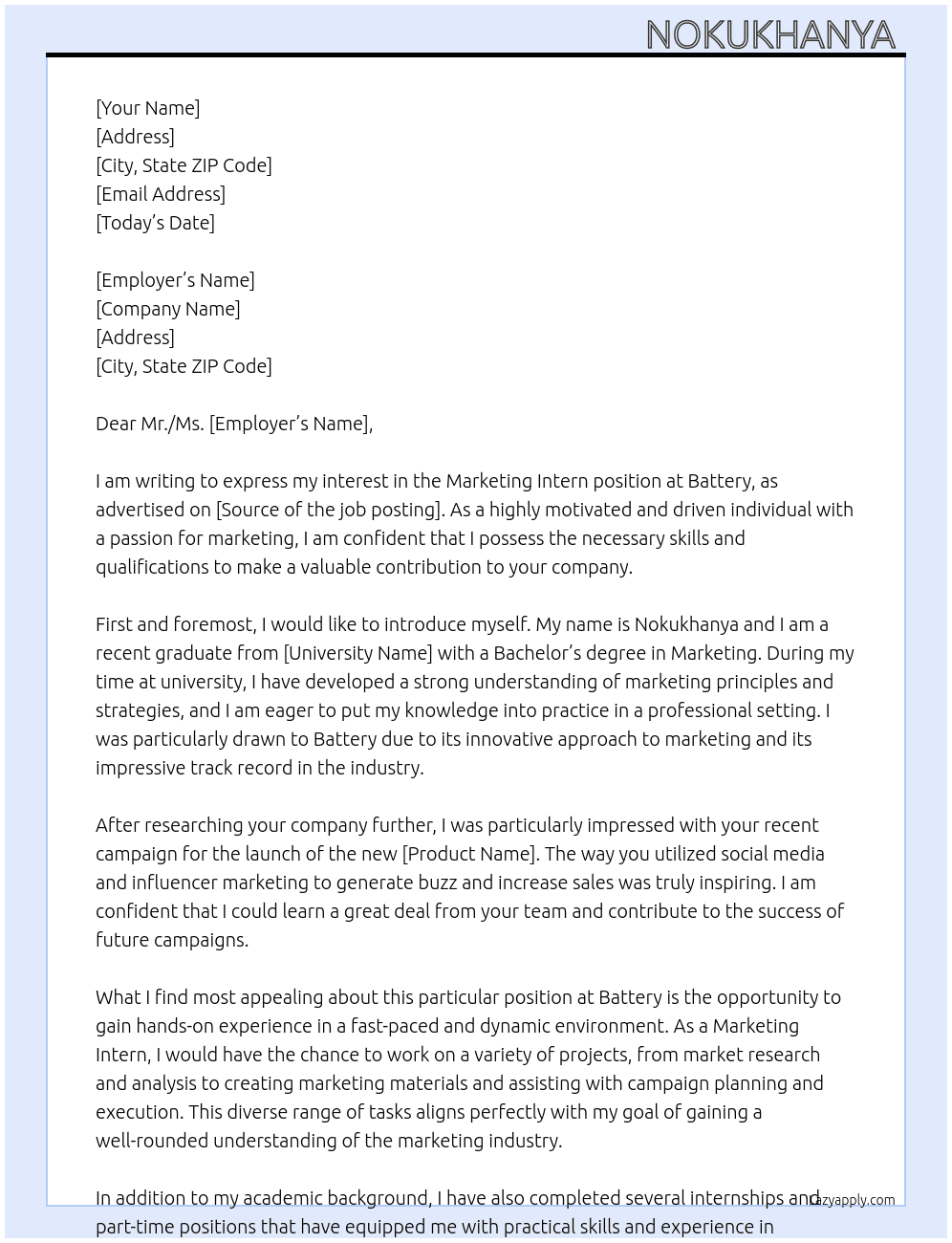 Marketing Intern At Battery  Cover Letter