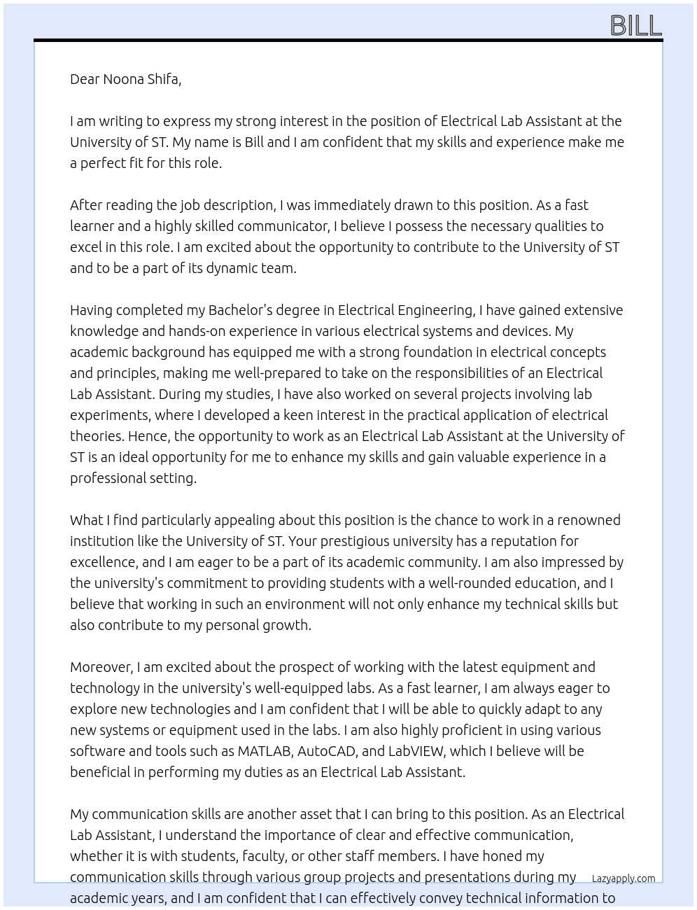 Electrical Lab Assistant  At University of ST Cover Letter