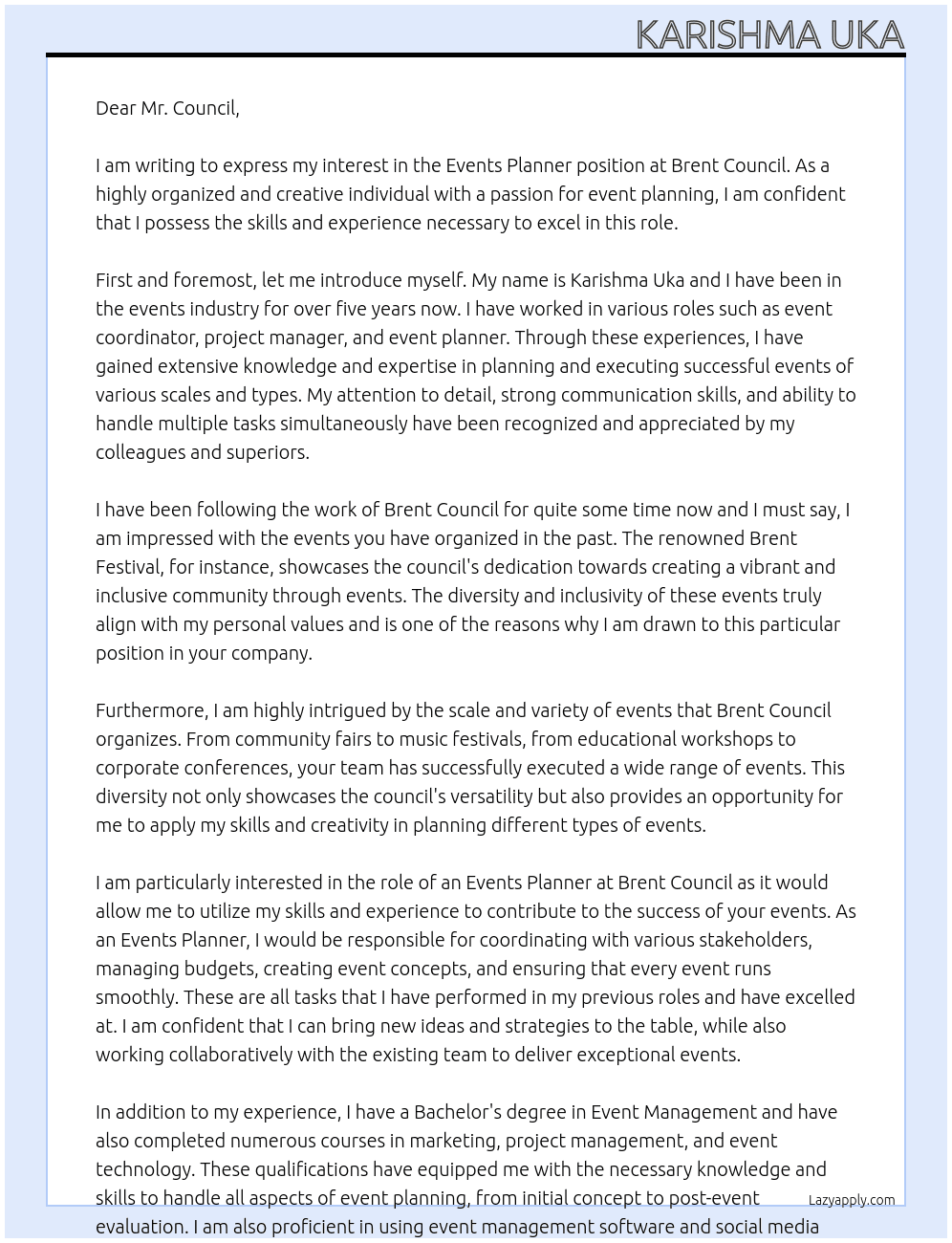Events Planner At Brent Council Cover Letter