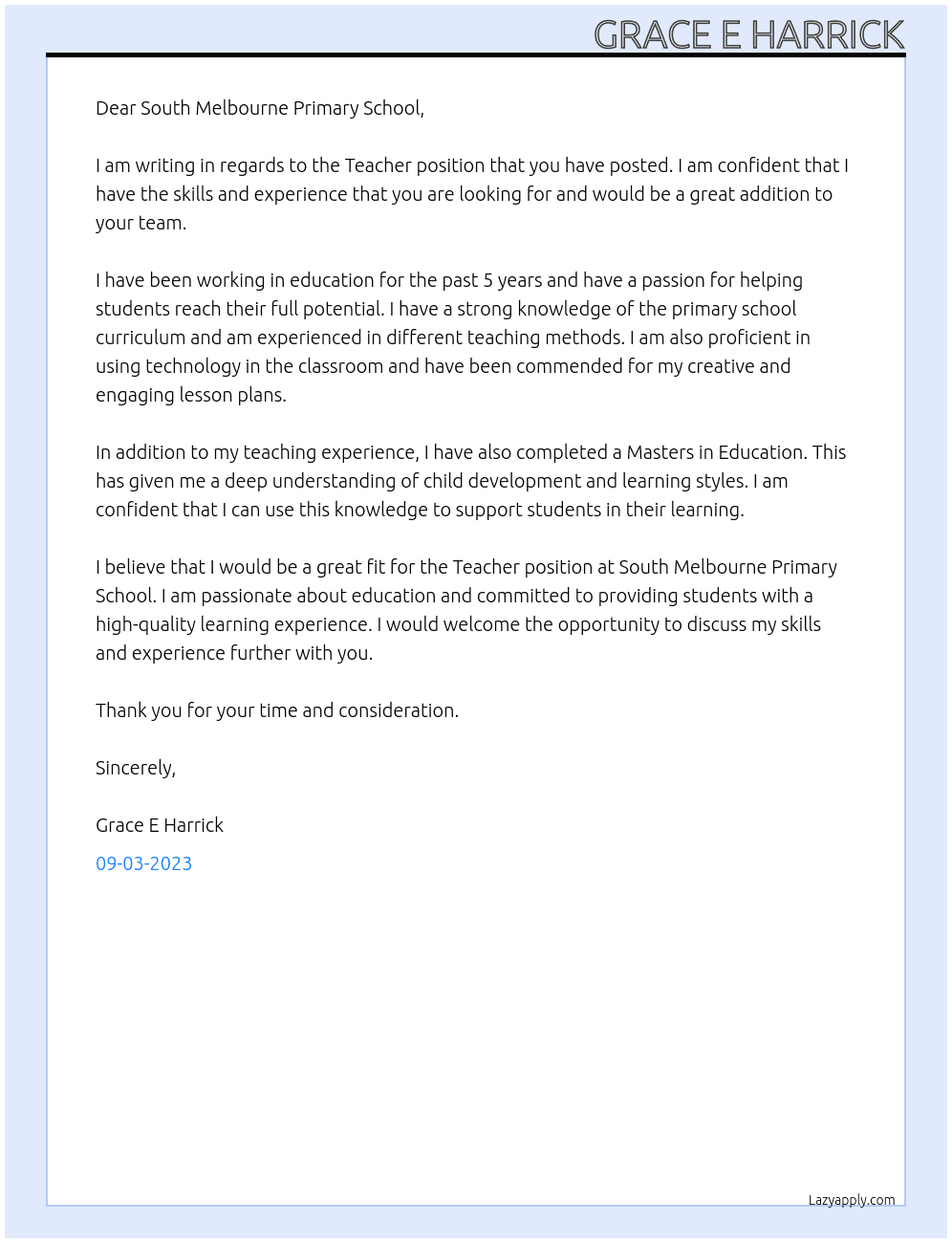 Teacher At South Melbourne Primary School Cover Letter
