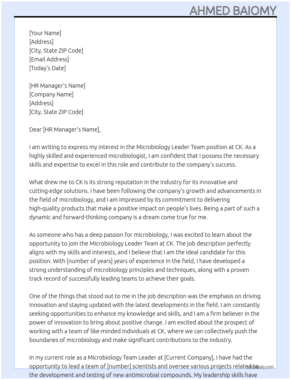 Microbiology leader team  At Ck Cover Letter