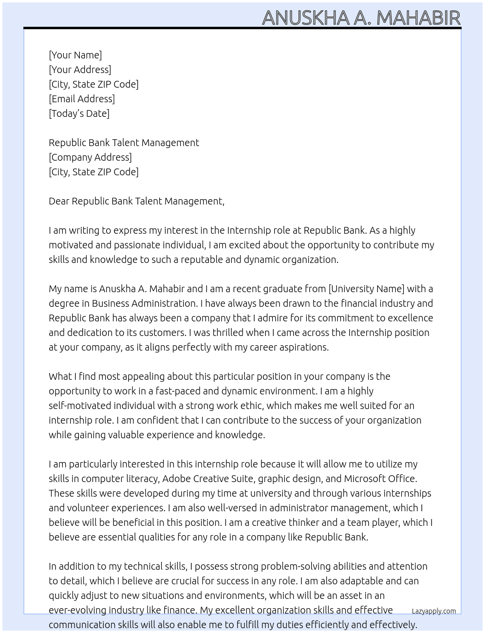 Internship At Republic Bank Cover Letter