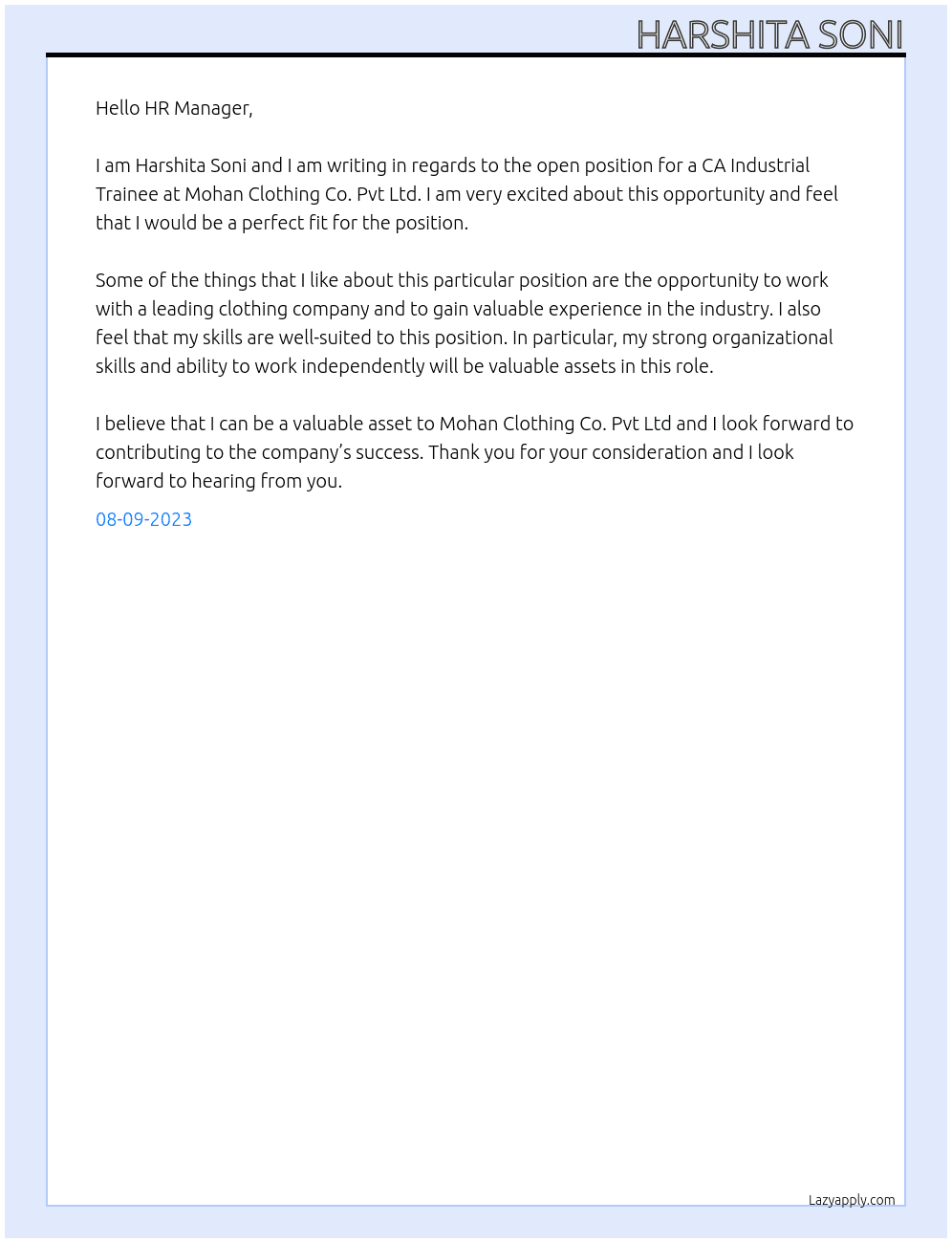 CA Industrial Trainee At Mohan Clothing Co. Pvt Ltd Cover Letter