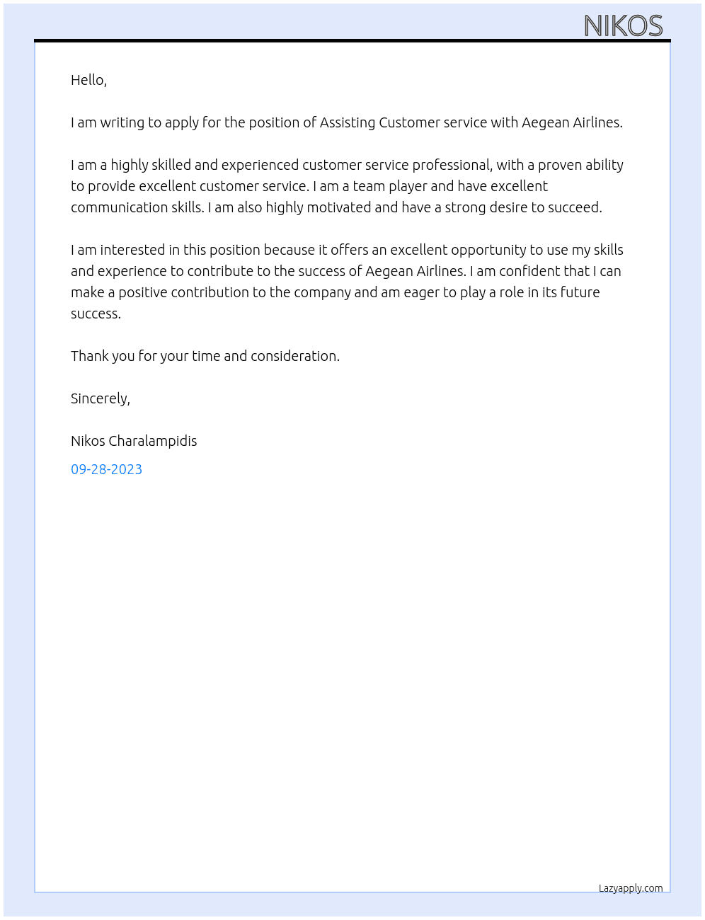 Assisting Customer service  At Charalampidis  Cover Letter