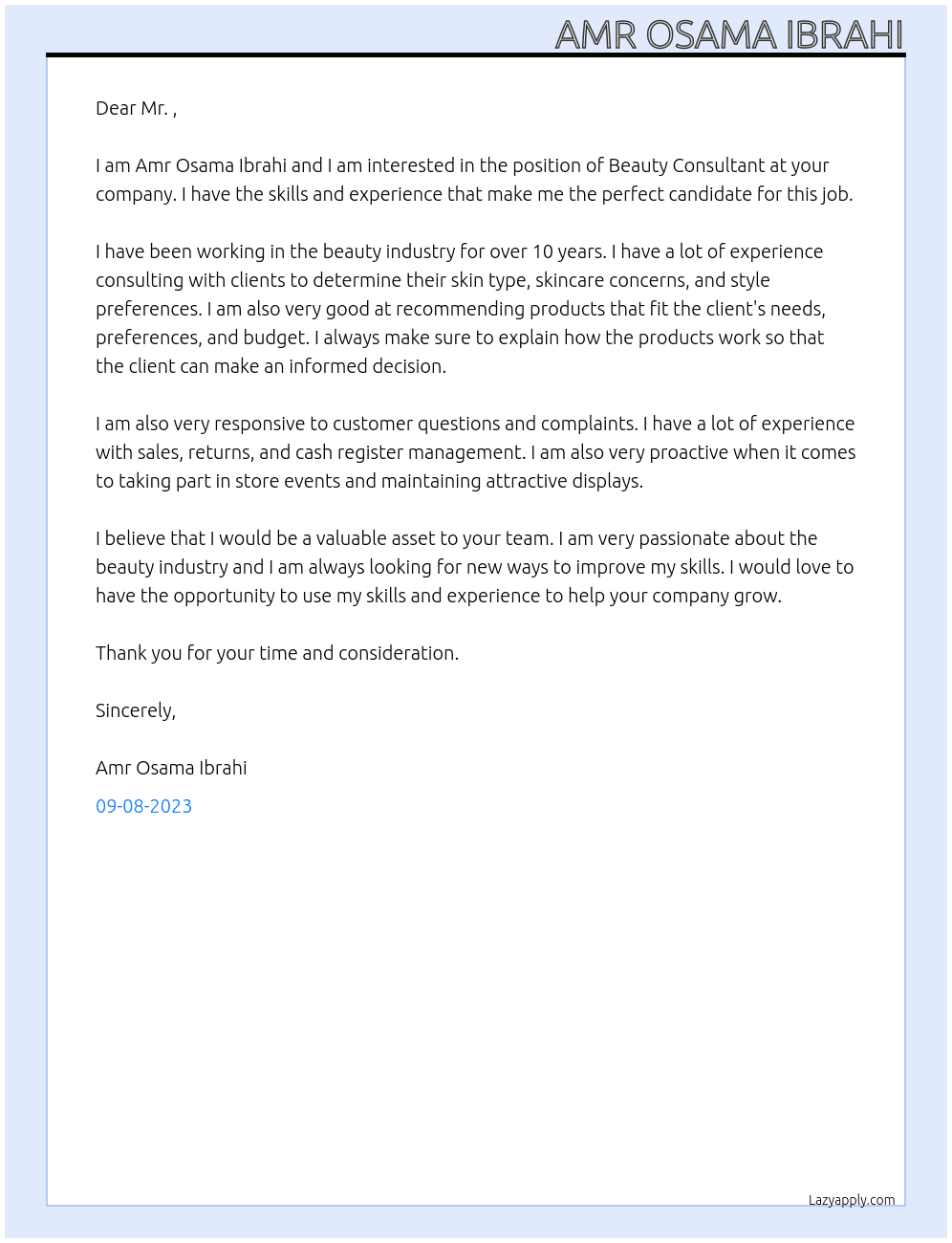 Beauty Consultant At Company  Cover Letter