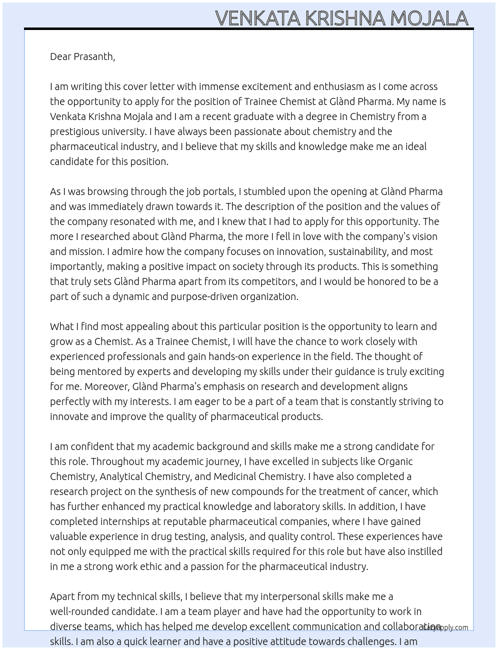 Tràiñée chemíst  At Glànd Pharma  Cover Letter