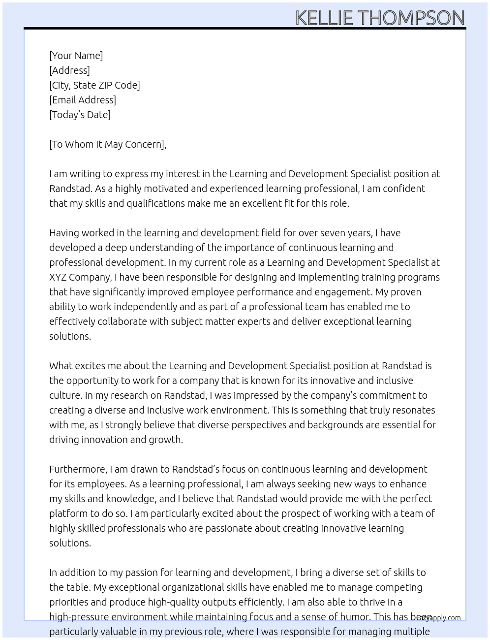 Learning and Development Specialist At Randstad Cover Letter