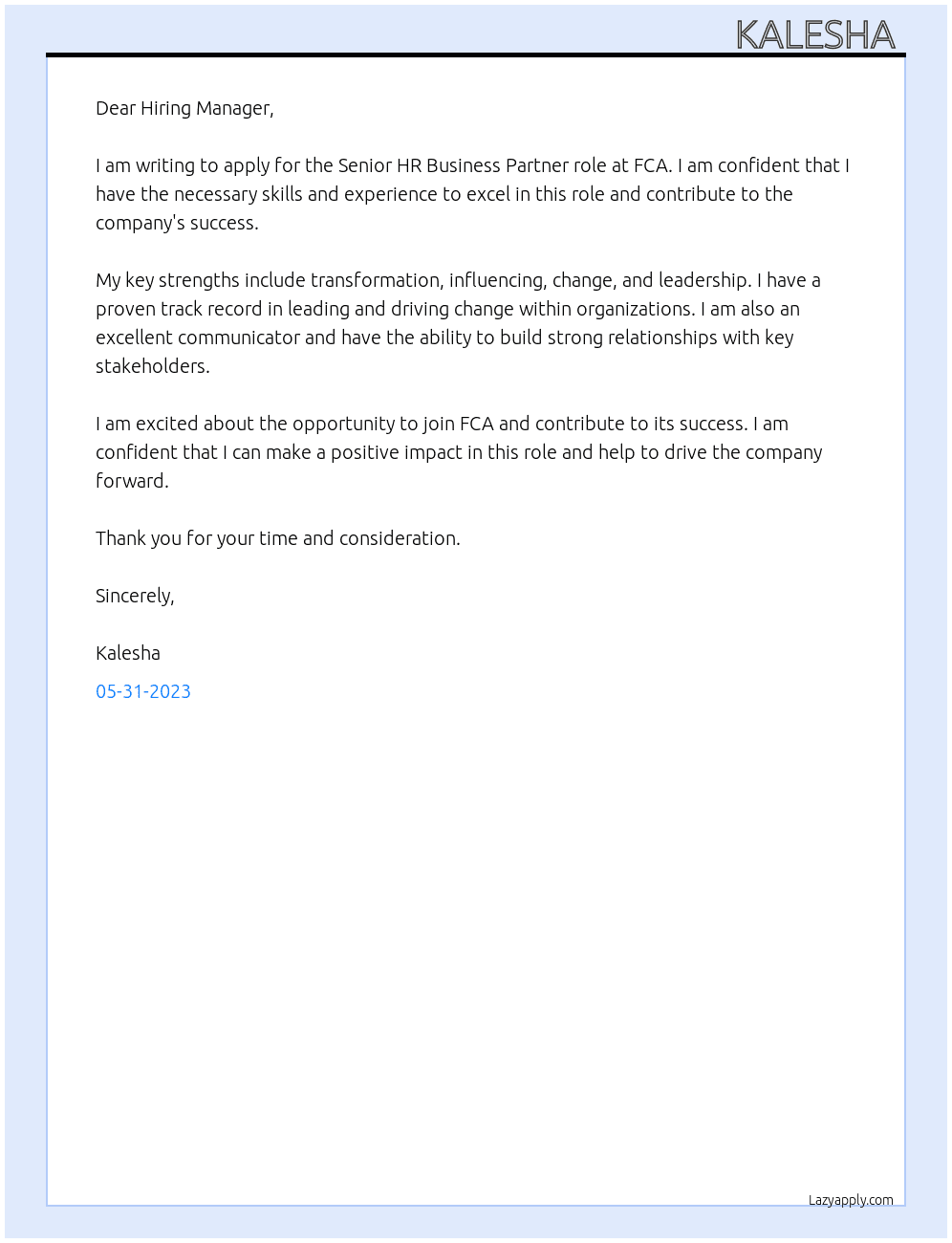 Senior HR business partner  At FCA Cover Letter
