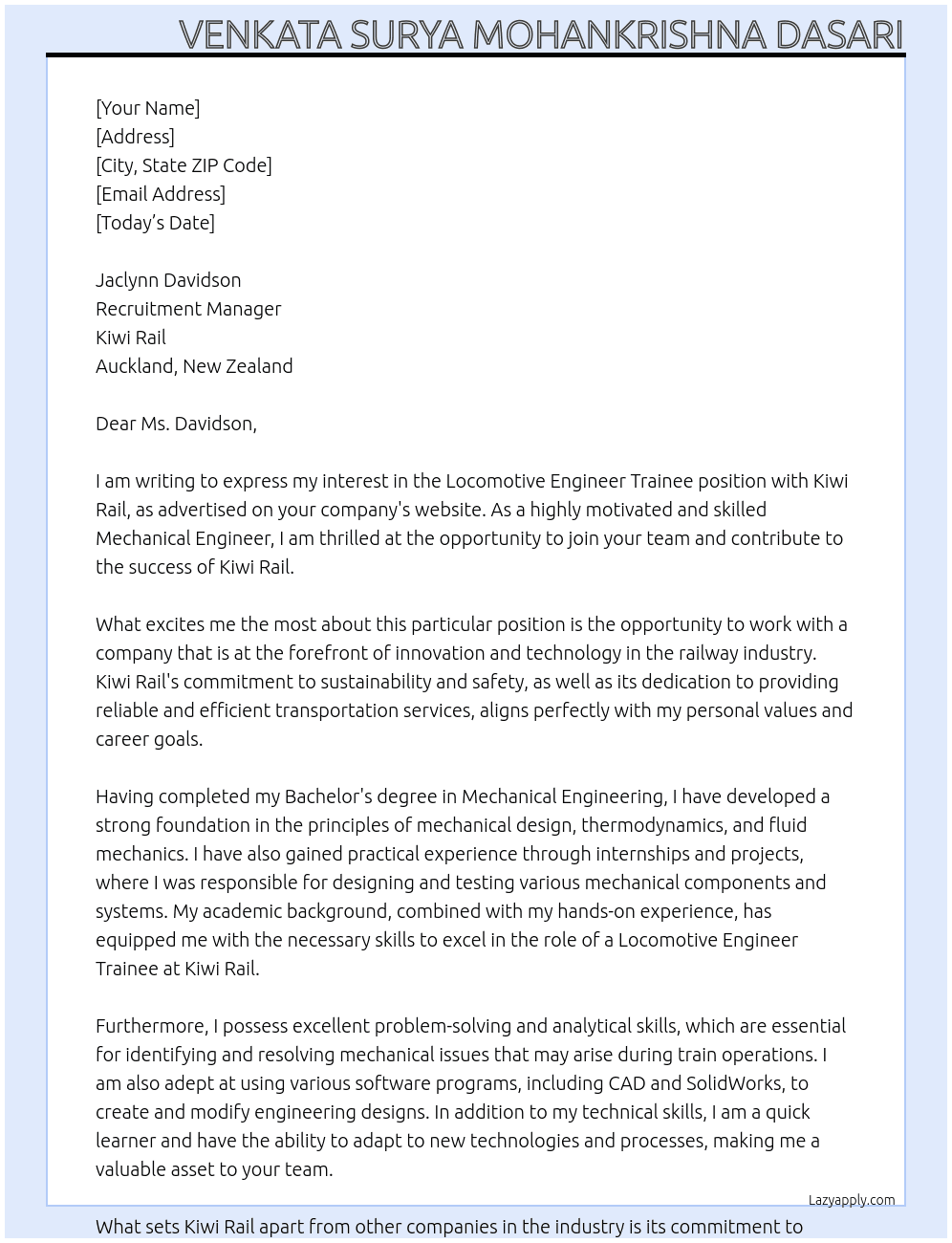 Locomotive Engineer Trainee At kiwi Rail Cover Letter