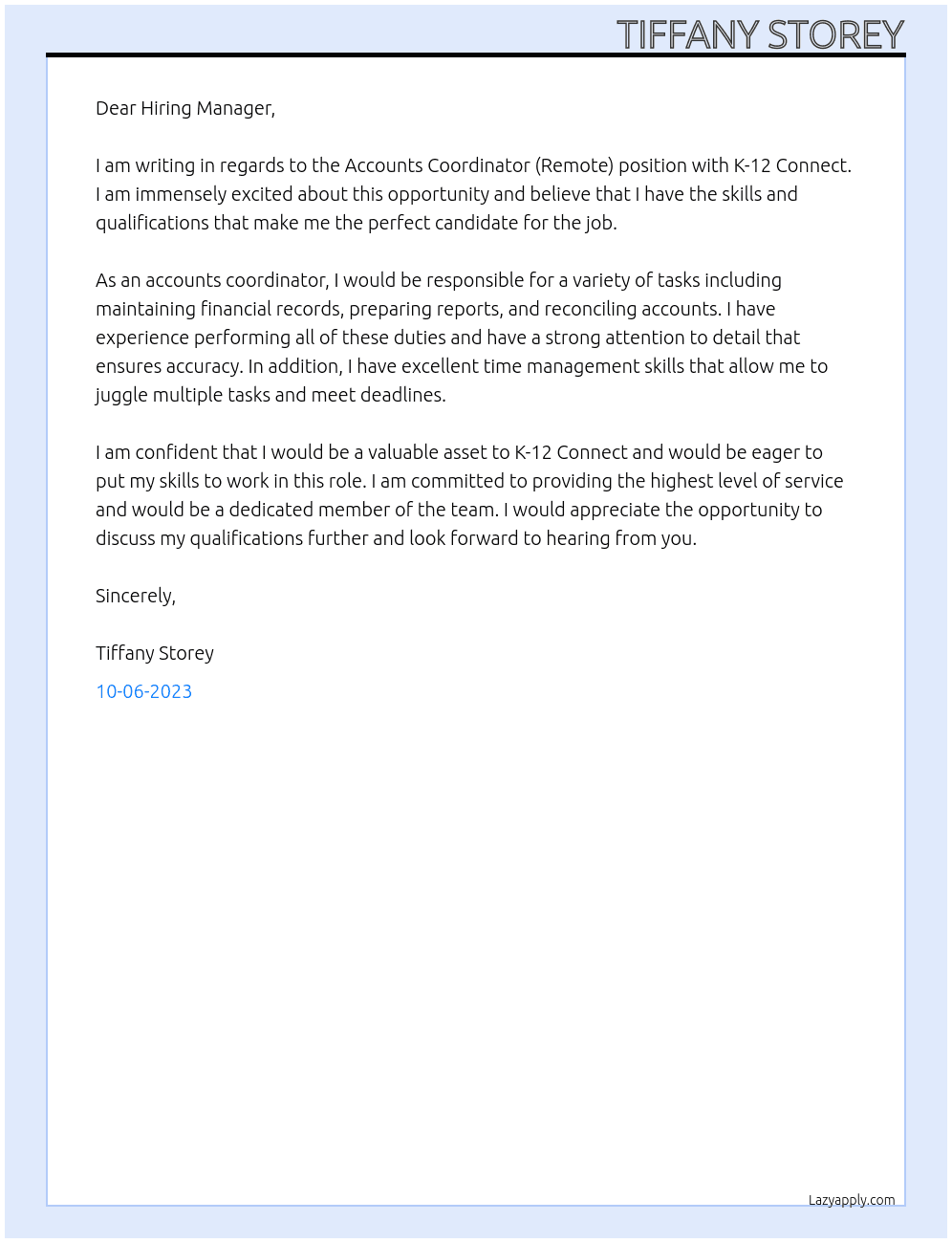 Accounts Coordinator (Remote) At K-12 Connect Cover Letter
