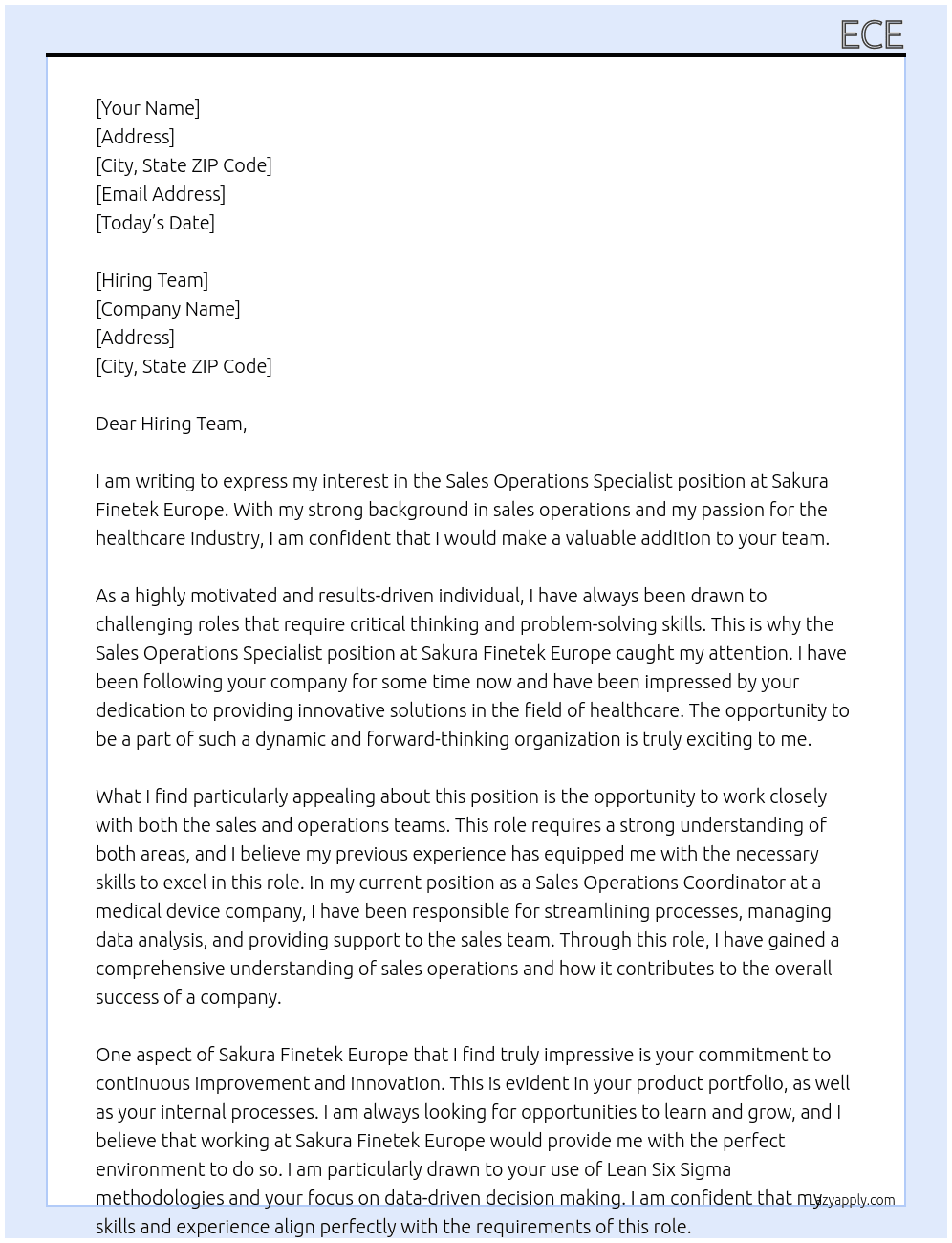 Sales Operations Specialist At Sakura Finetek Europe Cover Letter