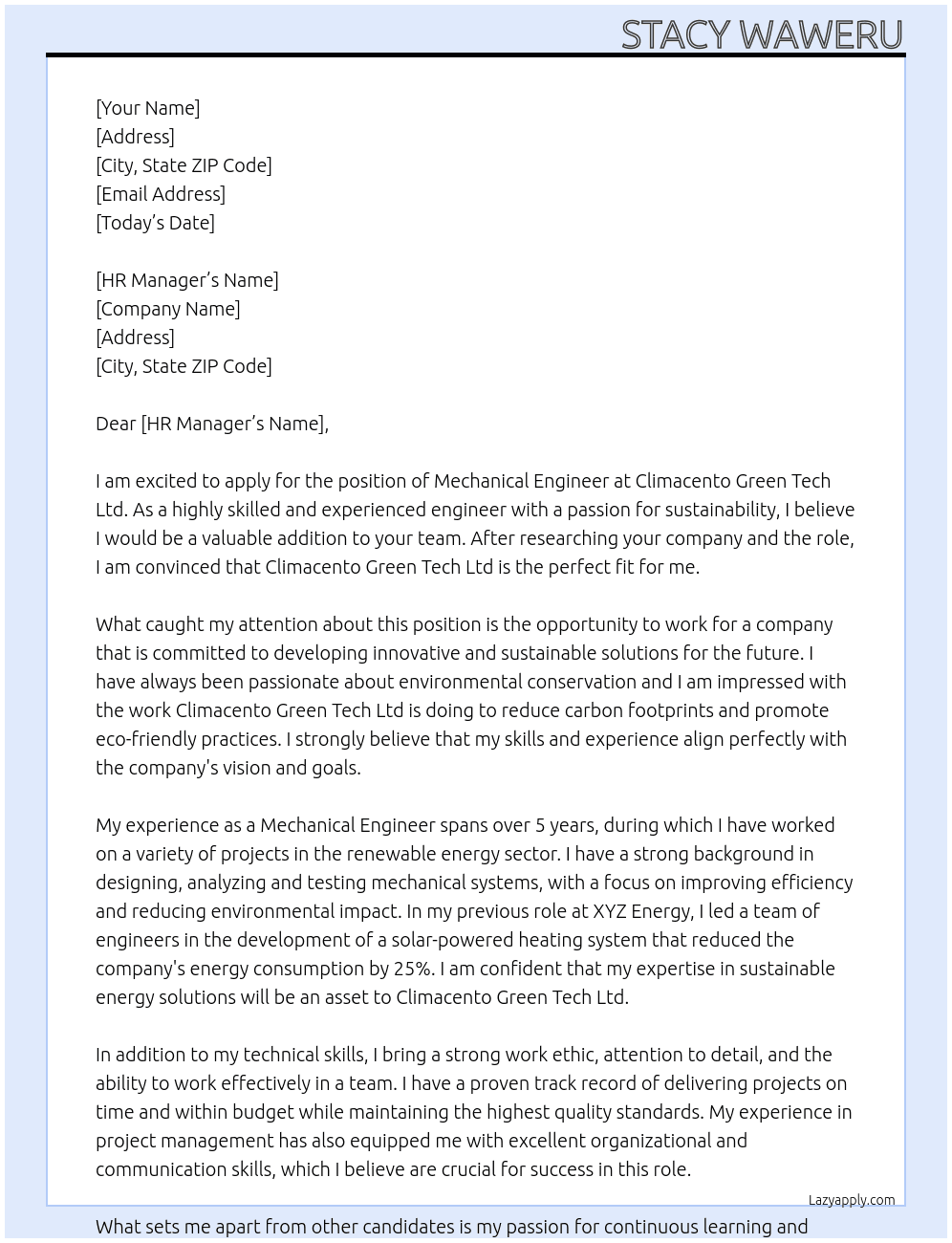Mechanical Engineer At Climacento Green Tech Ltd Cover Letter