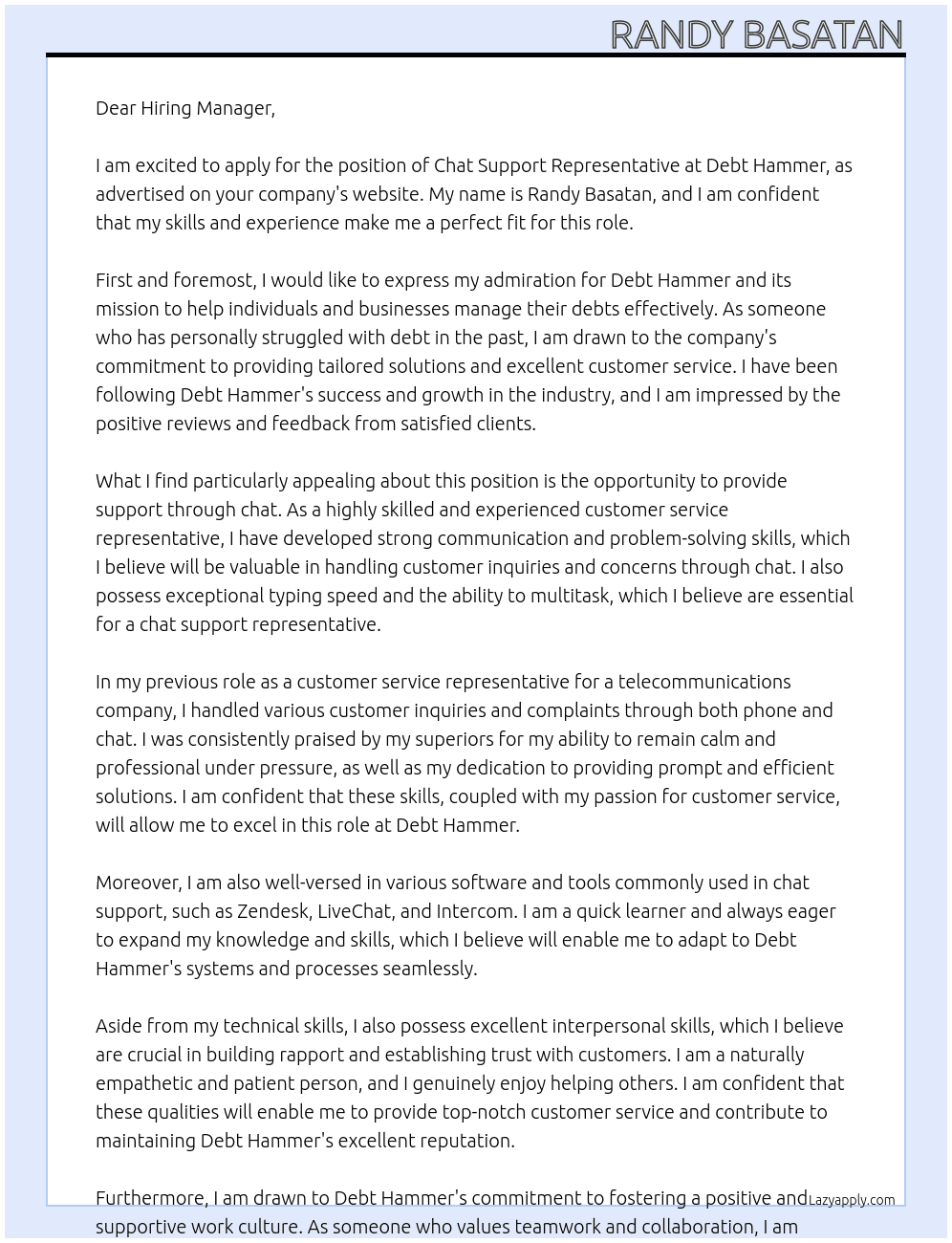 Chat Support Representative  At Debt Hammer Cover Letter