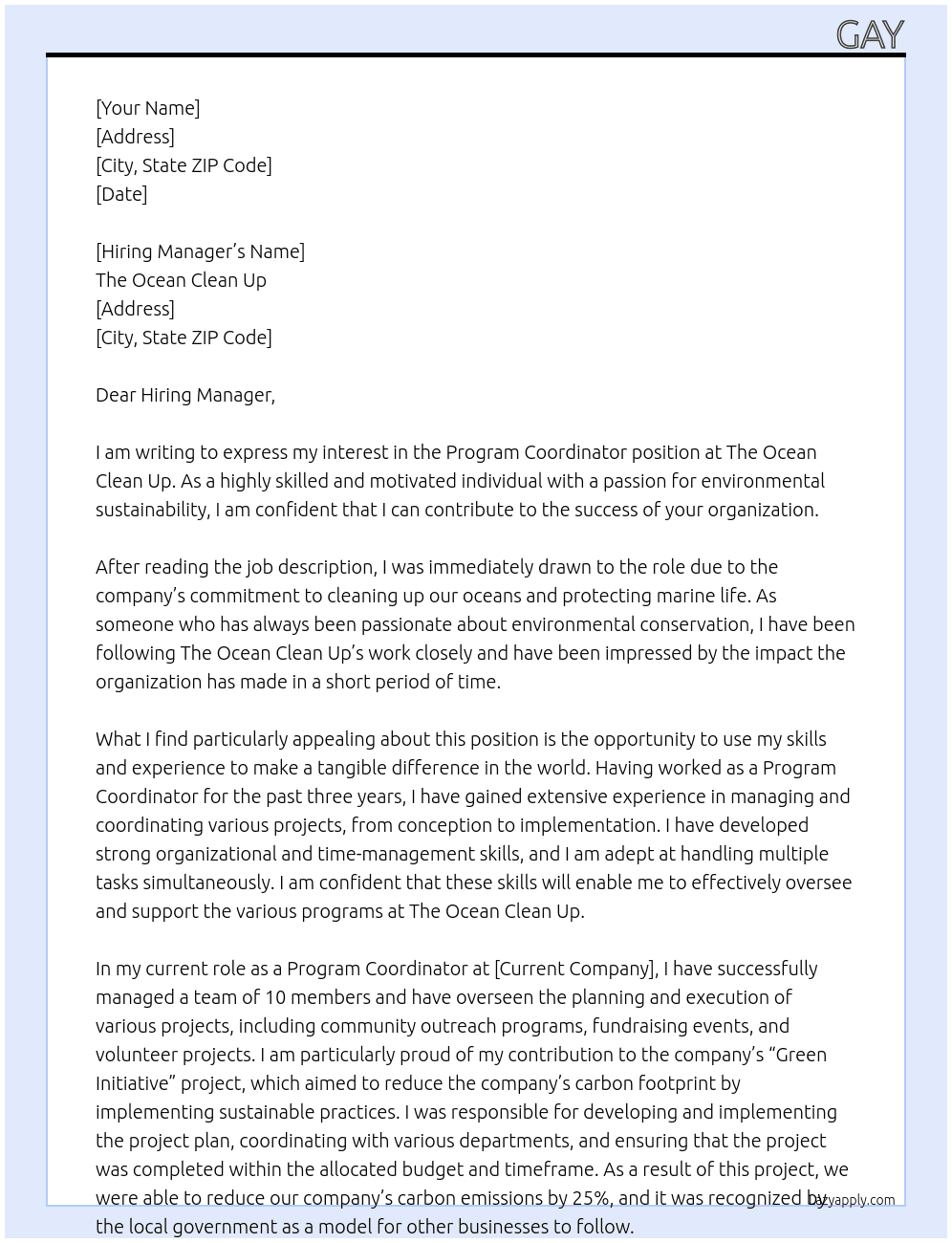 PROGRAM COORDINATOR  At The Ocean Clean Up Cover Letter
