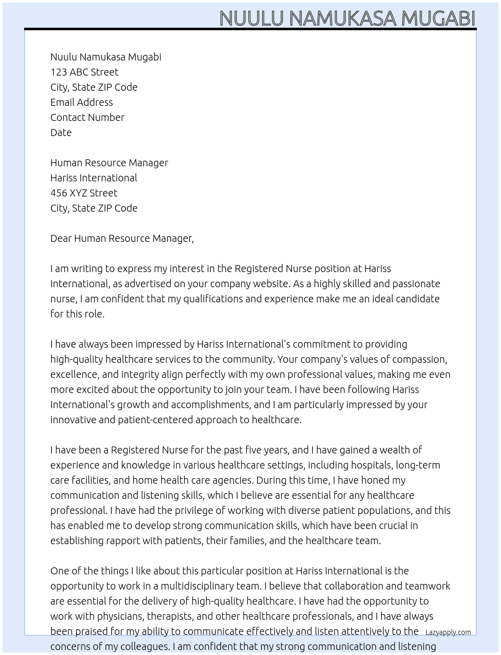Registered Nurse At Hariss International Cover Letter