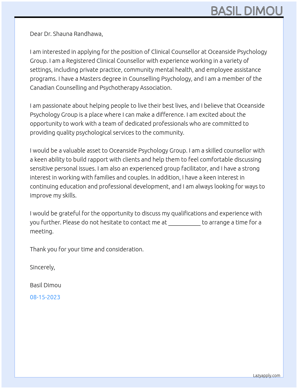 Clinical Counsellor At Oceanside Psychology Group Cover Letter