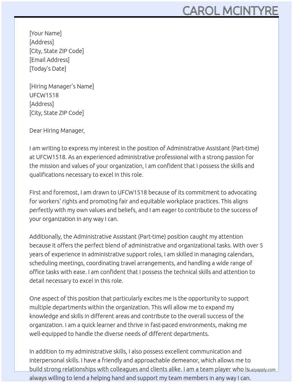 Administrative Assistant (Part-time) At UFCW1518 Cover Letter