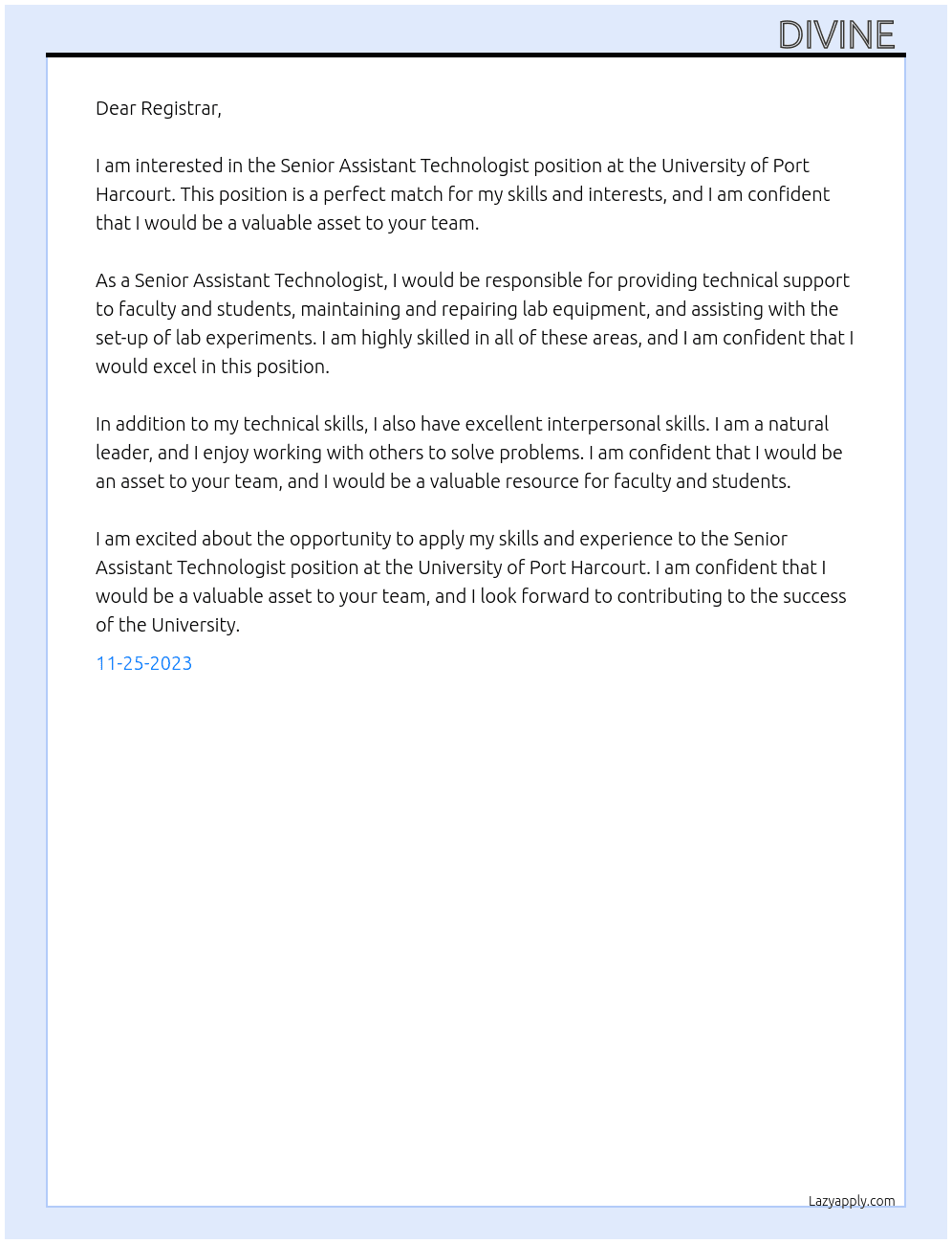 Senior assistant technologist  At University of port Harcourt  Cover Letter