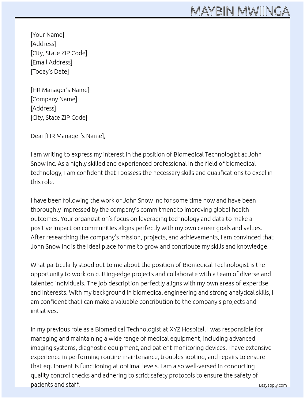 biomedical technologist At john snow Inc Cover Letter