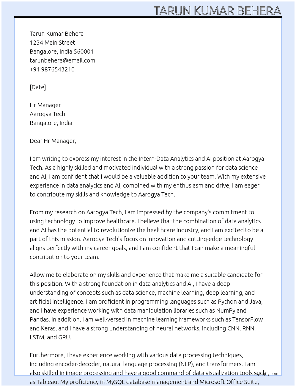 Intern-Data Analytics and AI At Aarogya Tech Cover Letter