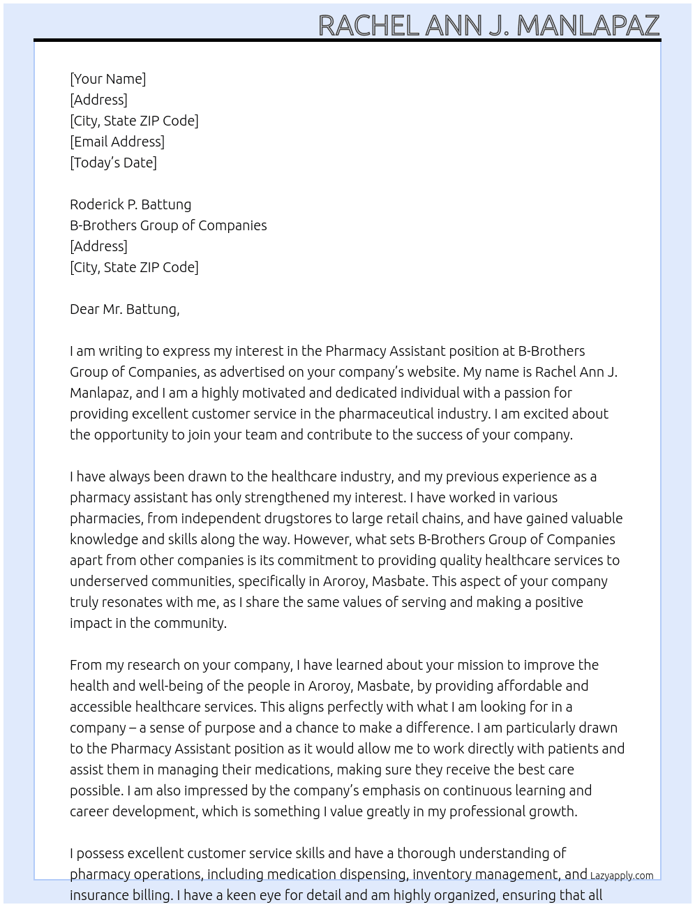 Pharmacy assistant  At B-BROTHERS GROUP OF COMPANIES Cover Letter