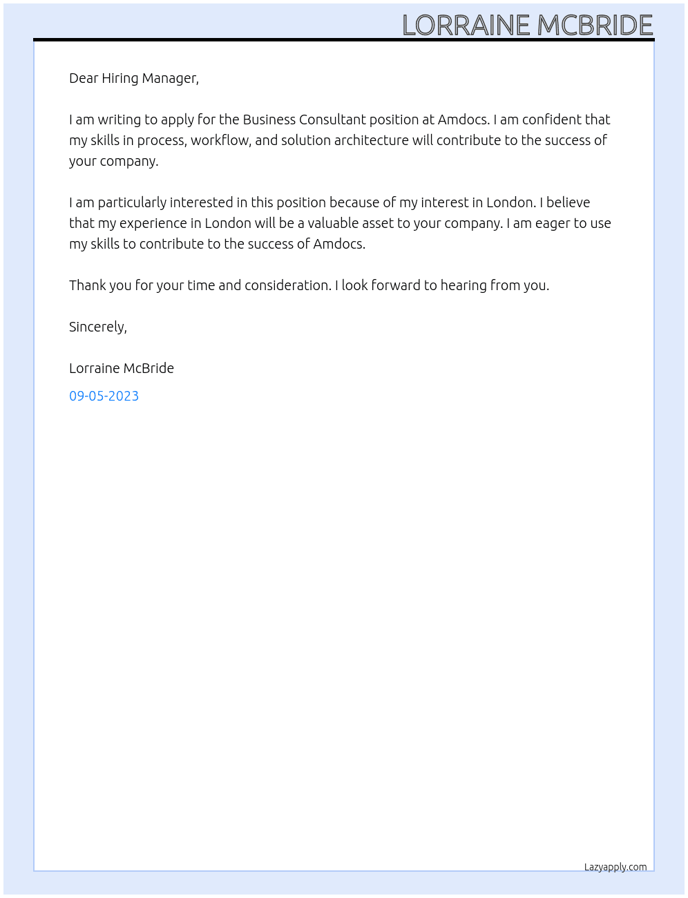Business consultant  At Amdocs Cover Letter