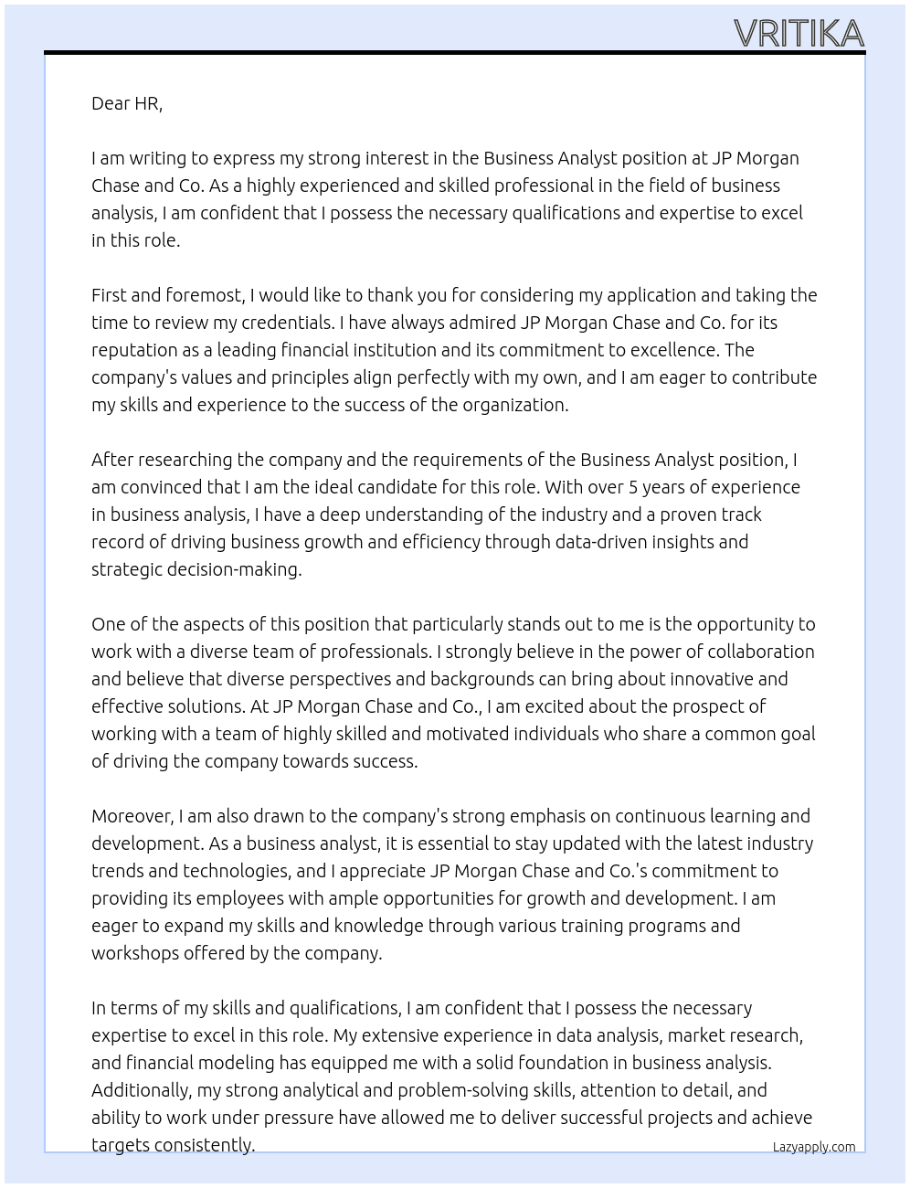 bussiness analyst At jp morgan chase and co Cover Letter