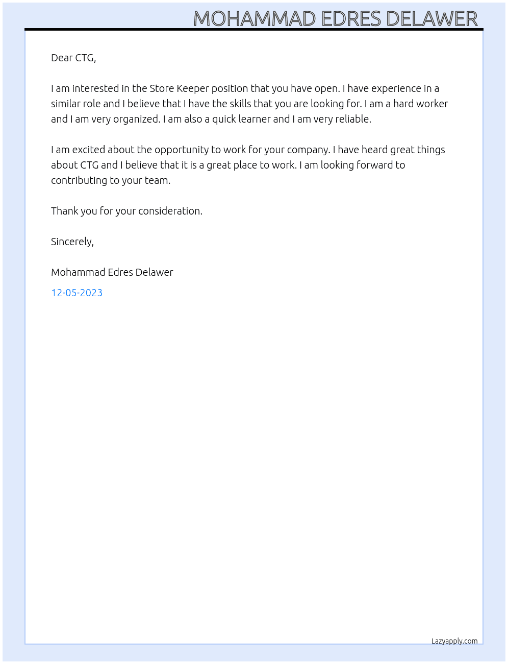 Store Keeper At CTG Cover Letter