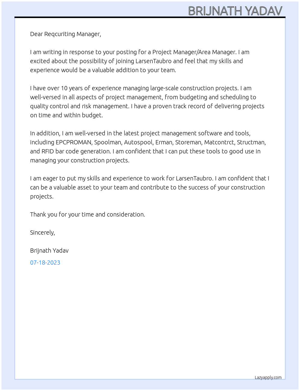 Project manager/Area Manager  At LarsenTaubro Cover Letter