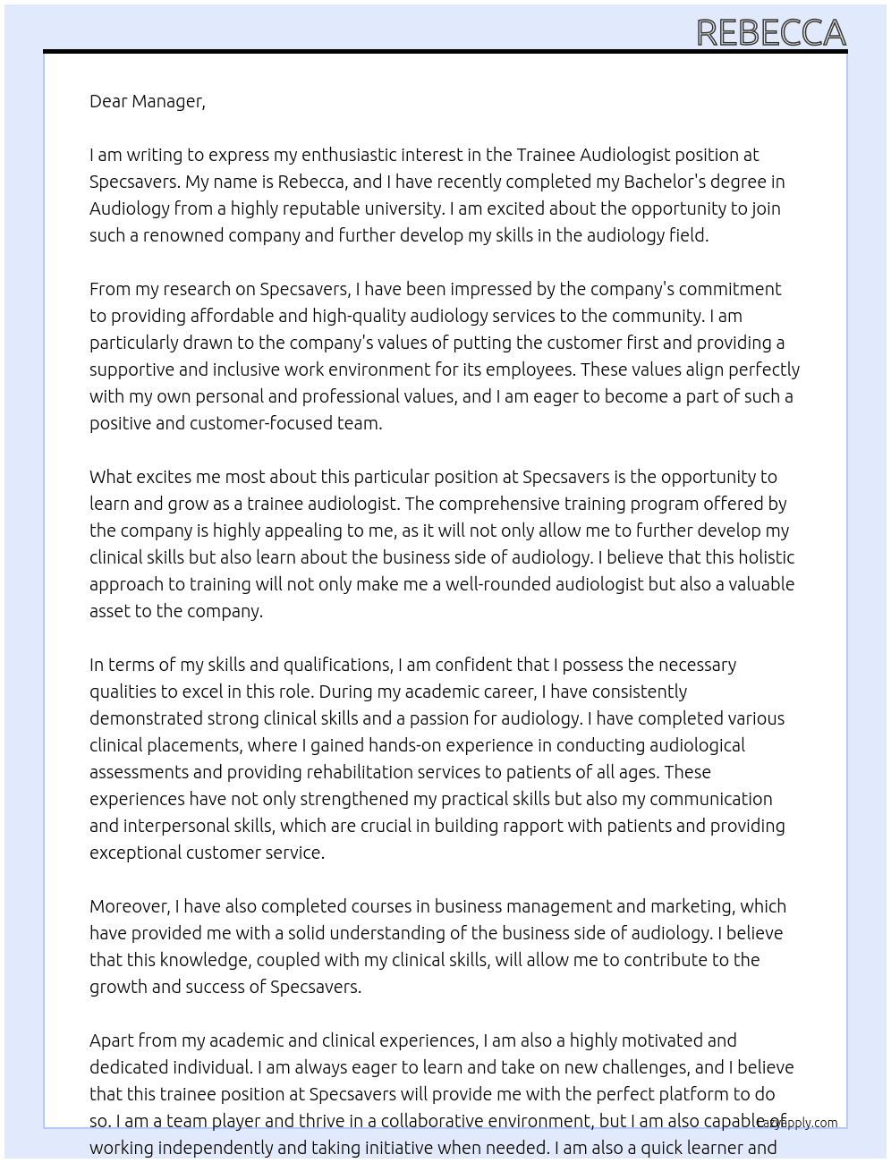 Trainee audiologist At Specsavers Cover Letter