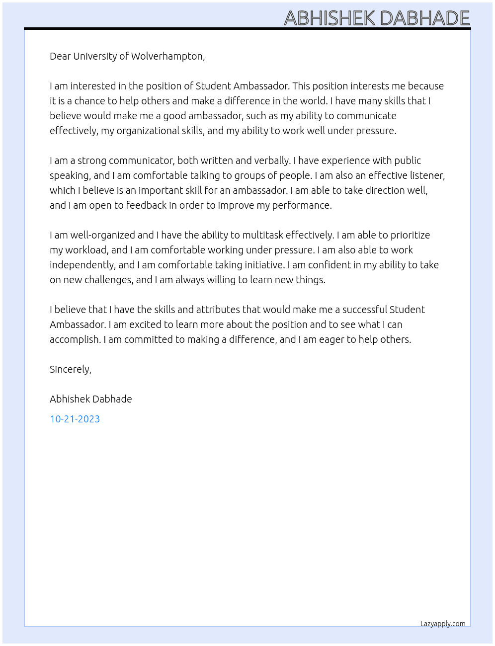 Student Ambassador At University of Wolverhampton  Cover Letter