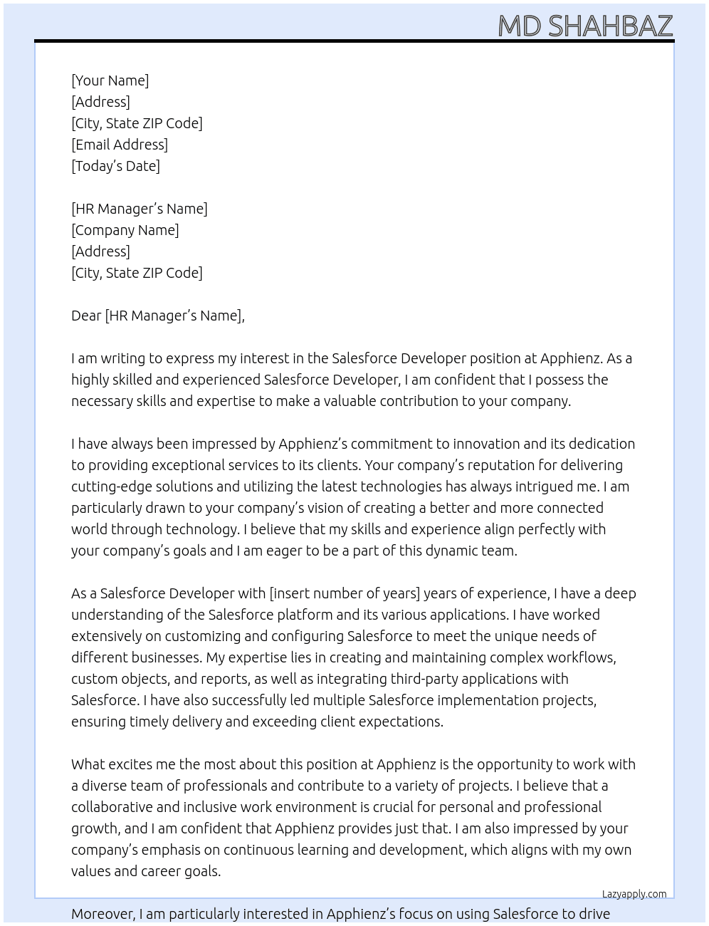 Salesforce Developer At apphienz Cover Letter