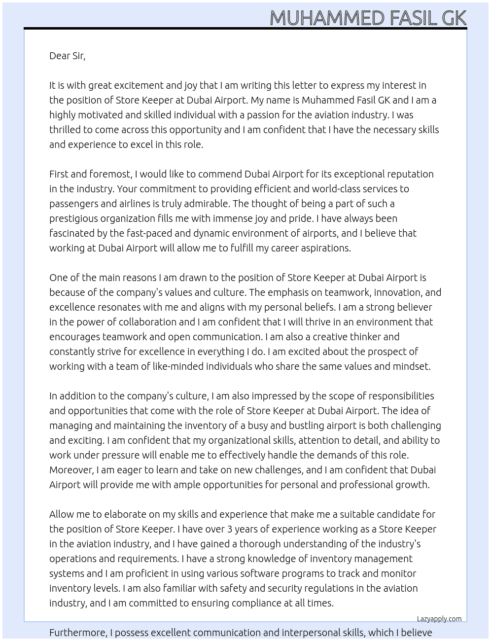 Store keeper  At Dubai Airport  Cover Letter