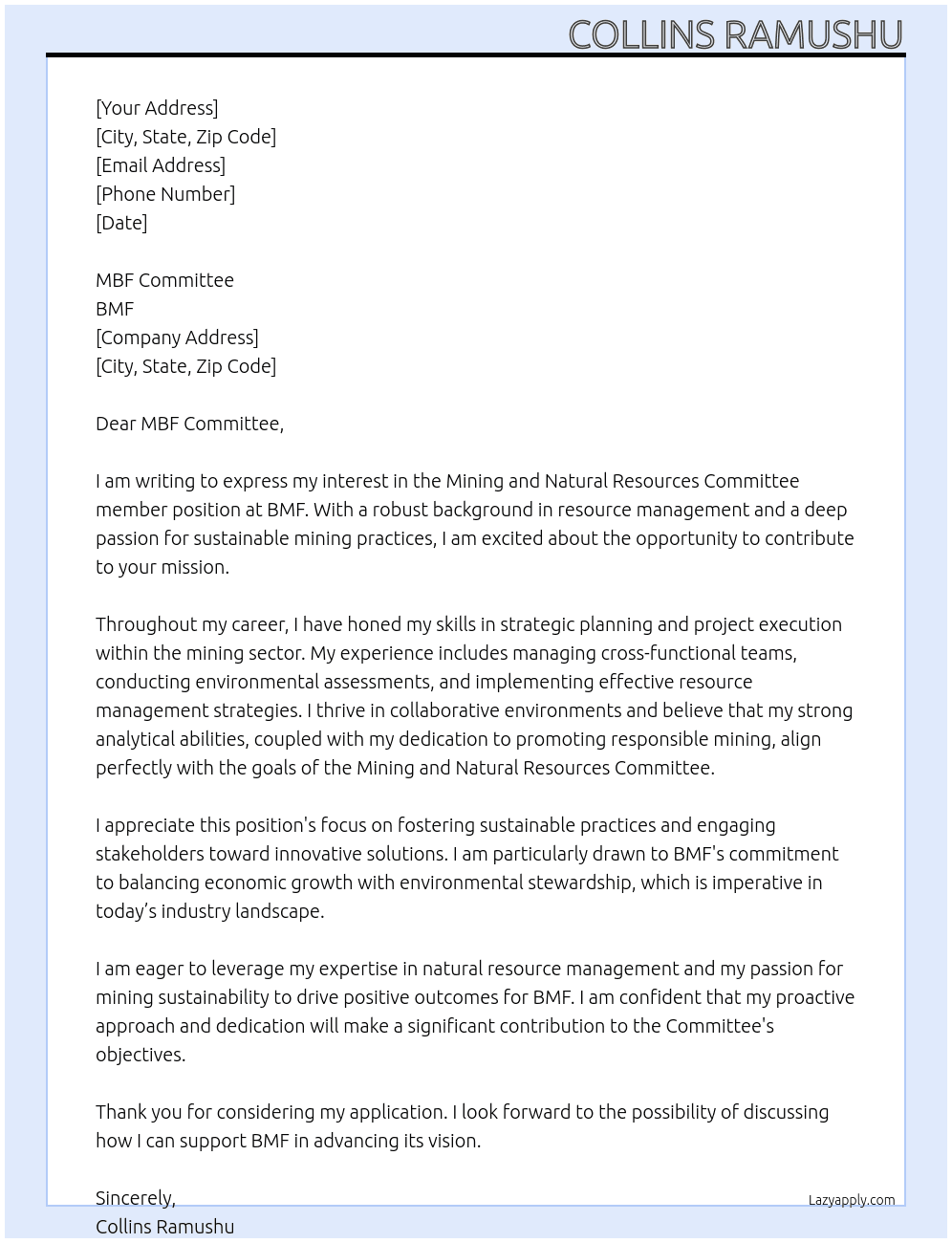 Mining and Natural Resources Committee member At BMF Cover Letter