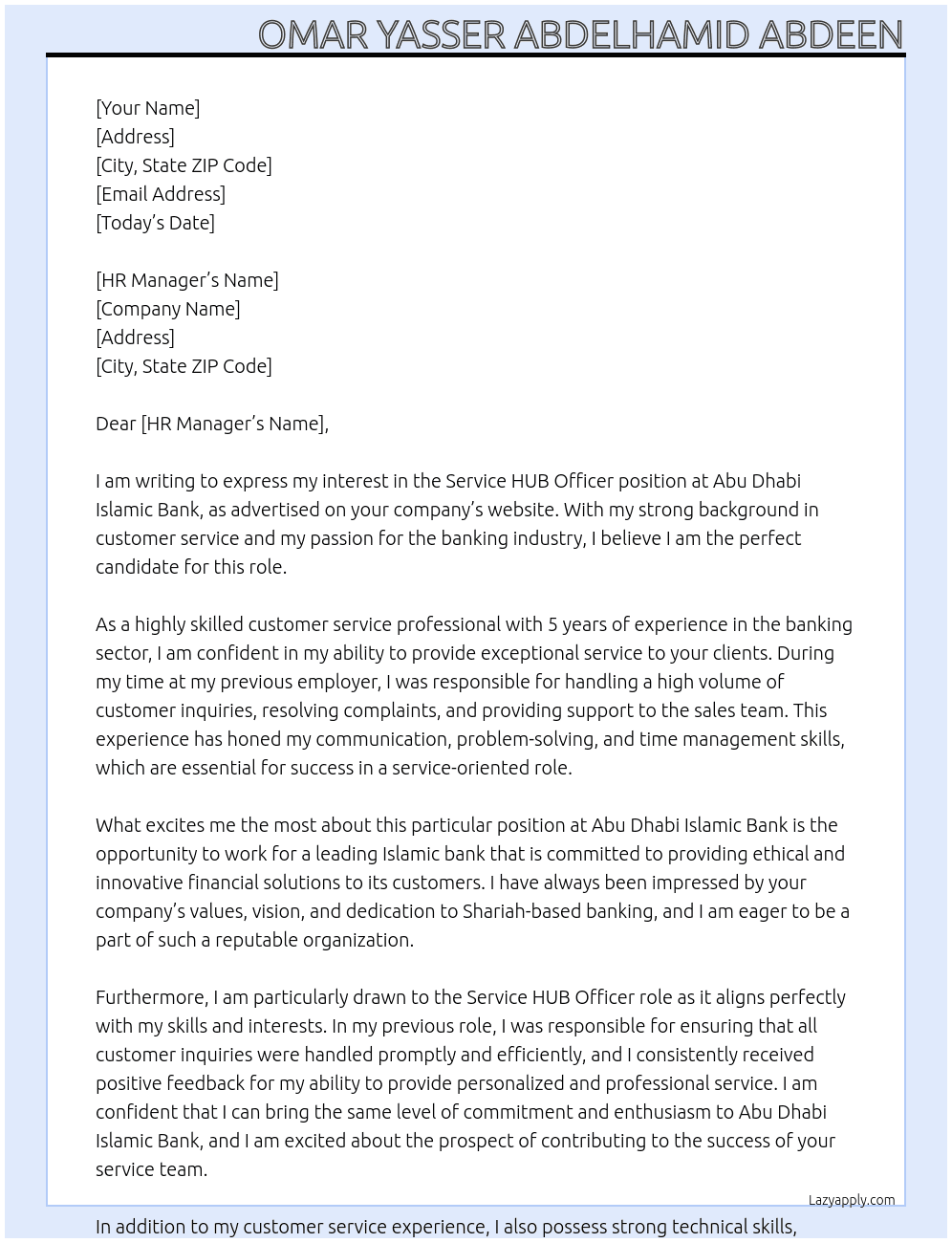 Service HUB Officer At Abu Dhabi Islamic Bank Cover Letter