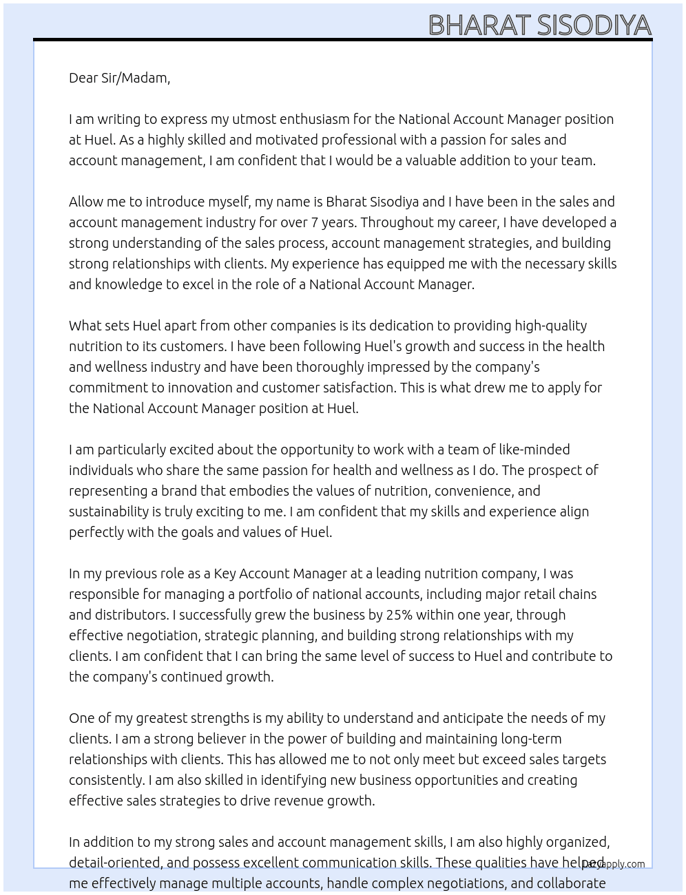 National Account Manager At Huel Cover Letter