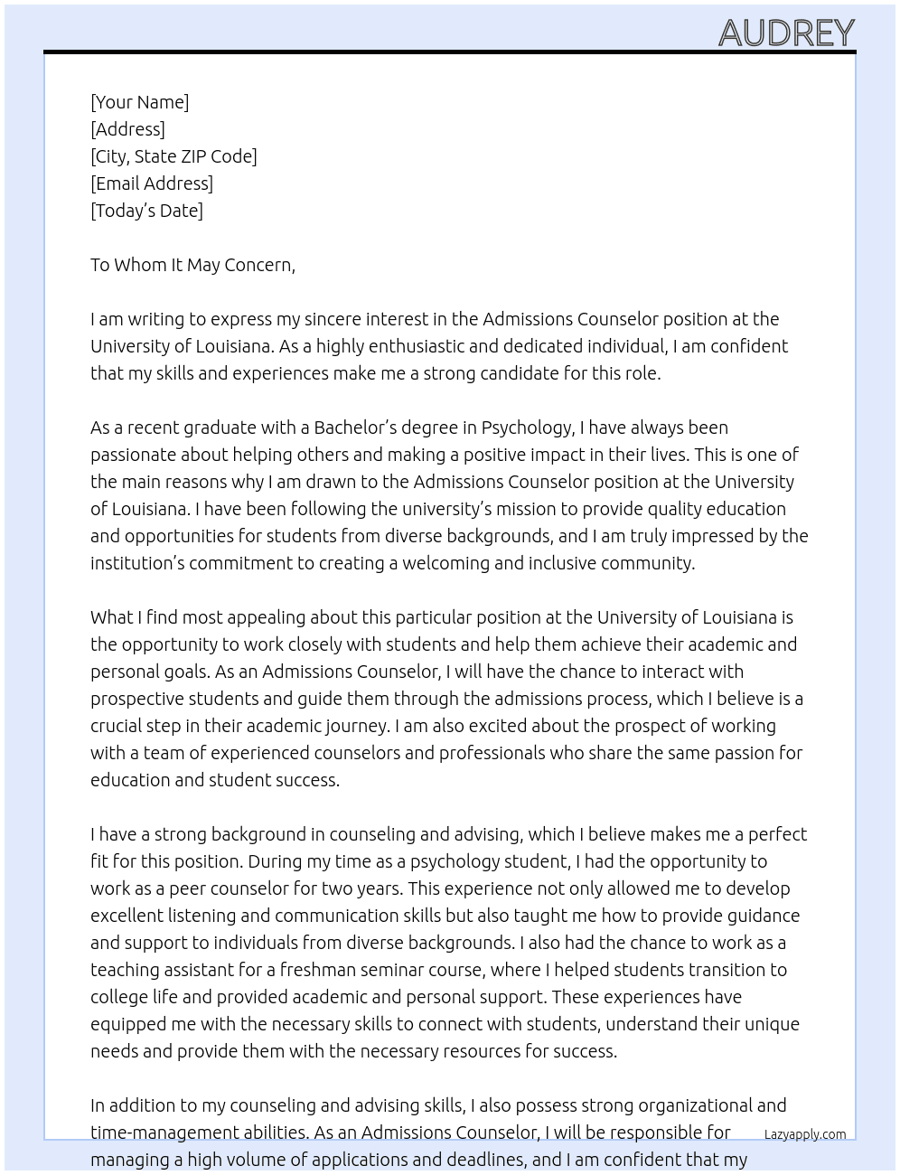 Admissions Counselor At University of Louisiana Cover Letter