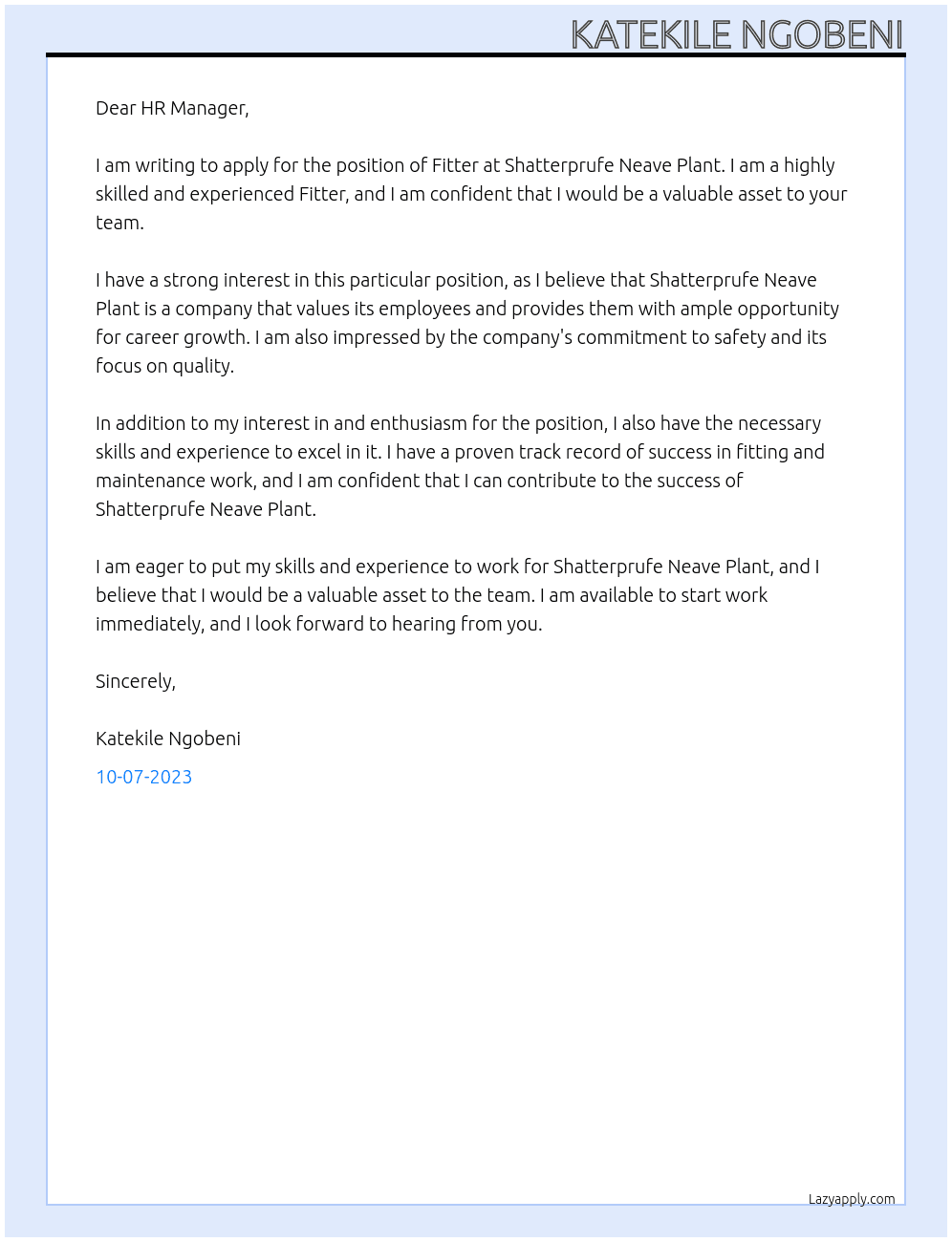 fitter At SHATTERPRUFE NEAVE PLANT Cover Letter