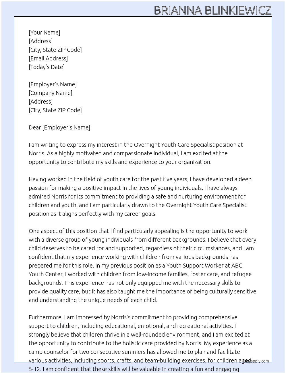 Overnight Youth Care Specialist At Norris Cover Letter