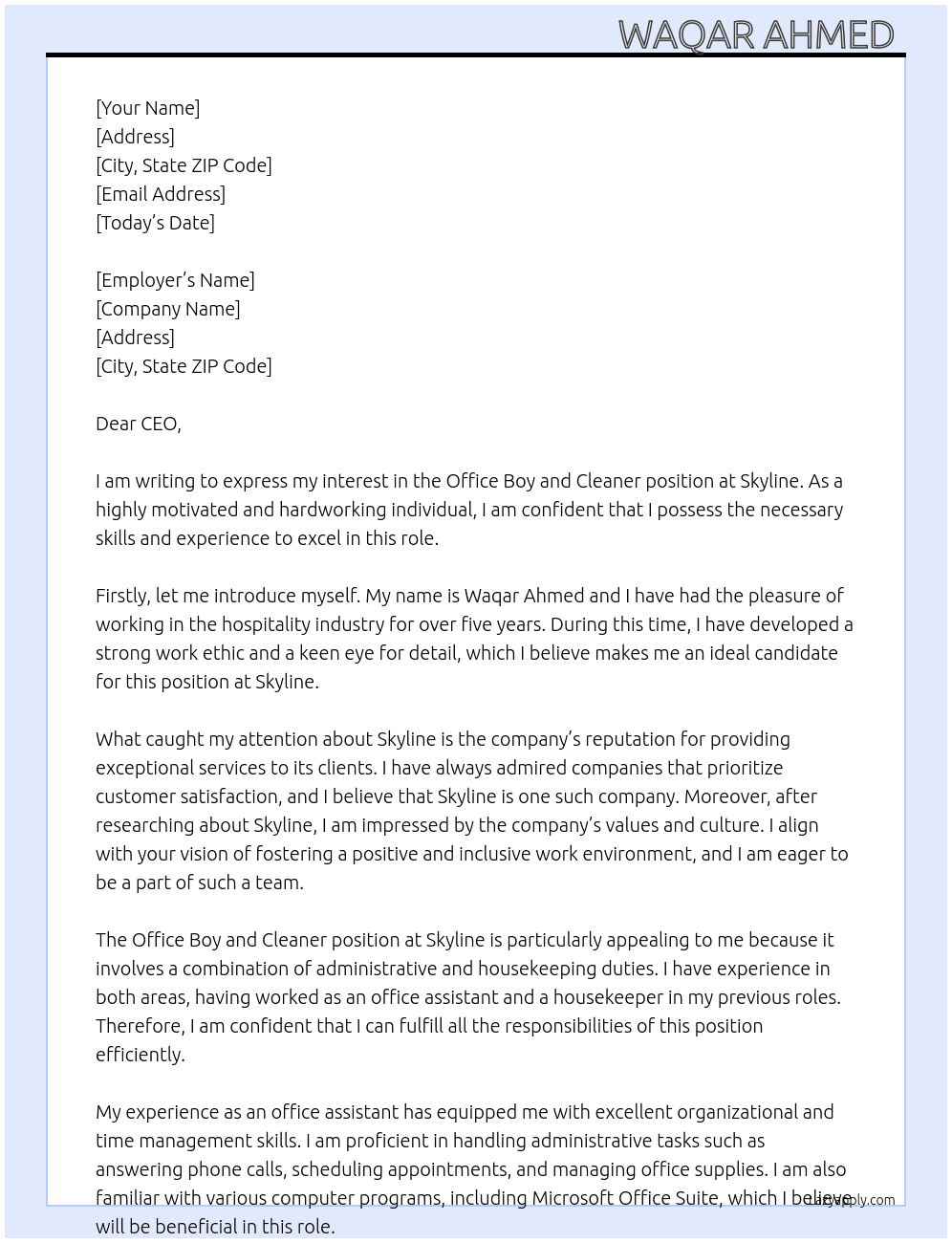 Office Boy  and Cleaner  At Skyline  Cover Letter