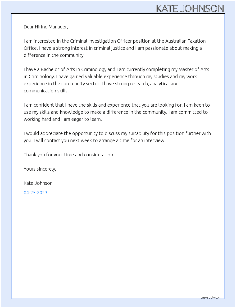 Criminal Investigation Officer At Australian Taxation Office Cover Letter