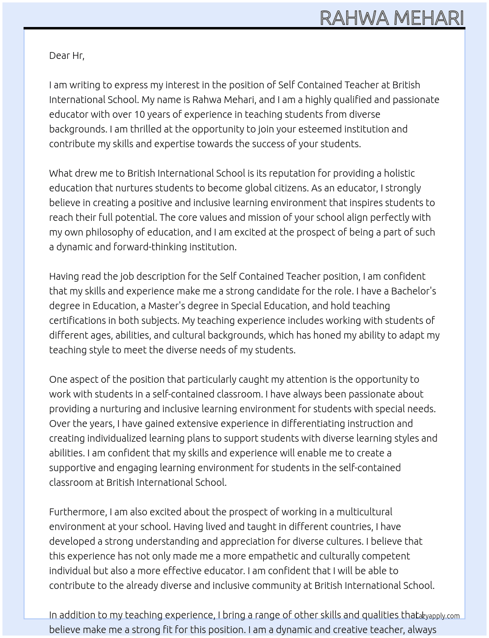 Self contained teacher At British International School Cover Letter