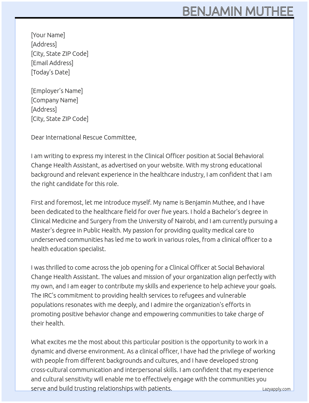 CLINICAL OFFICER At SOCIAL BEHAVIORAL CHANGE HEALTH ASSISTANT Cover Letter