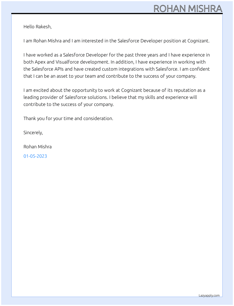 Salesforce Developer At Cognizant Cover Letter