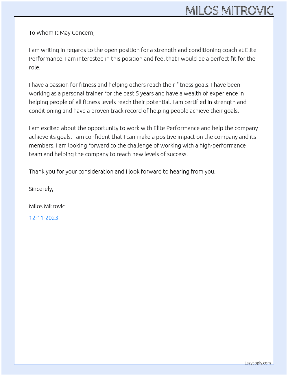 strength and conditioning coach At Elite Performance Cover Letter