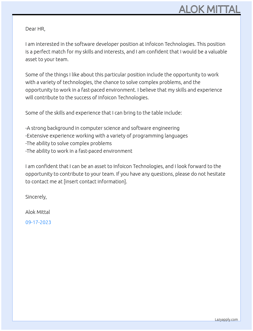 software developer At Infoicon Techologies Cover Letter