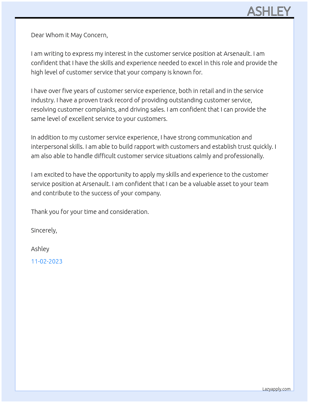 customer service  At Arsenault Cover Letter