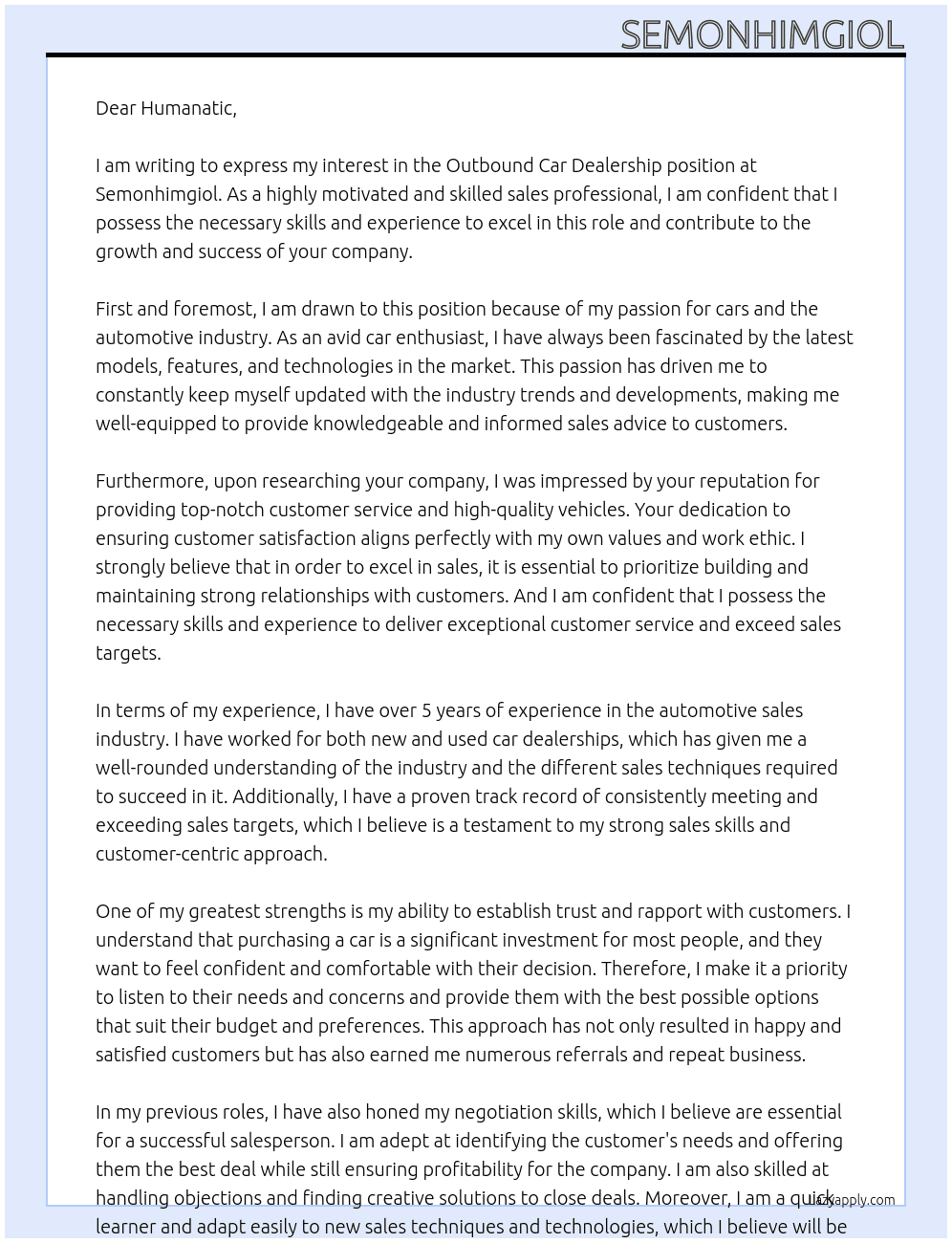 outbound car dealrship At semonhimgiol Cover Letter