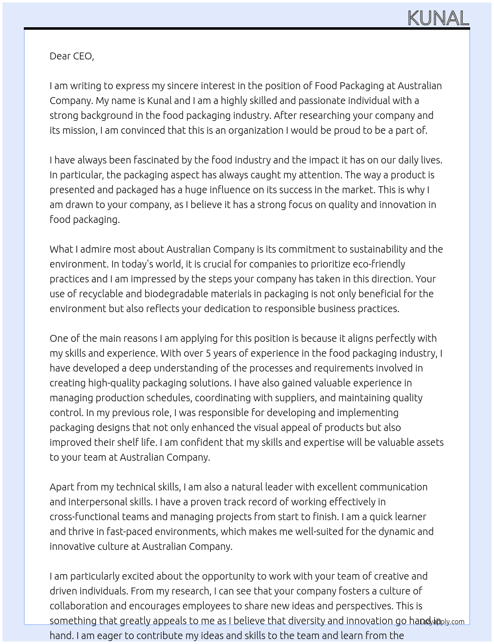 food packaging At AUSTRALIAN COMPANY Cover Letter