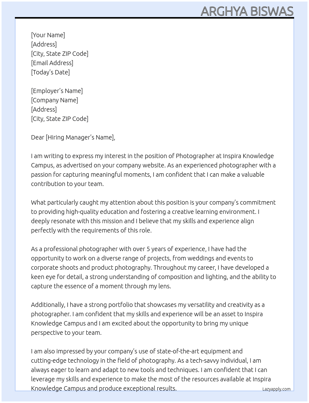 Photographer At Inspira Knowledge Campus Cover Letter